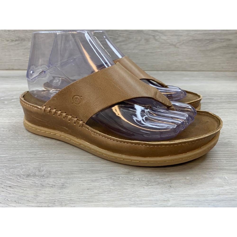 Born Women's Tan Leather Platform Thong Sandals Wedge Slides 7
